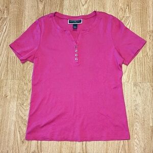 Macy's Karen Scott Short Sleeve Pink V-Neck Tee Faux Button Details PM